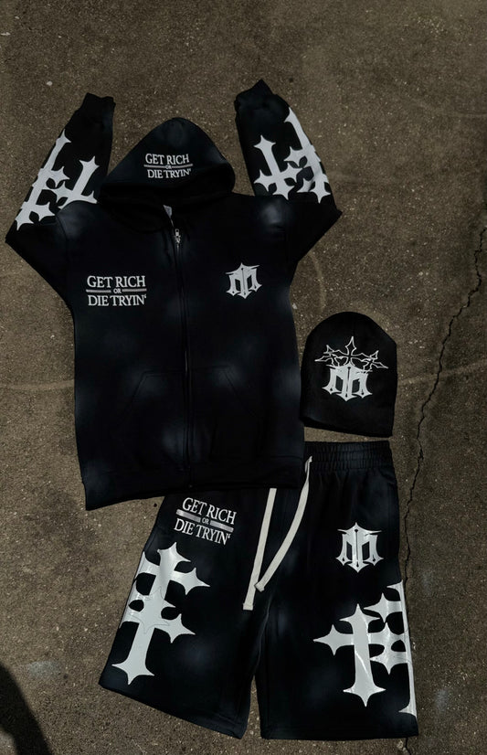 [GET RICH OR DIE TRYIN]WASHED ZIP UP HOODIE/SHORTS SET WITH BEANIE
