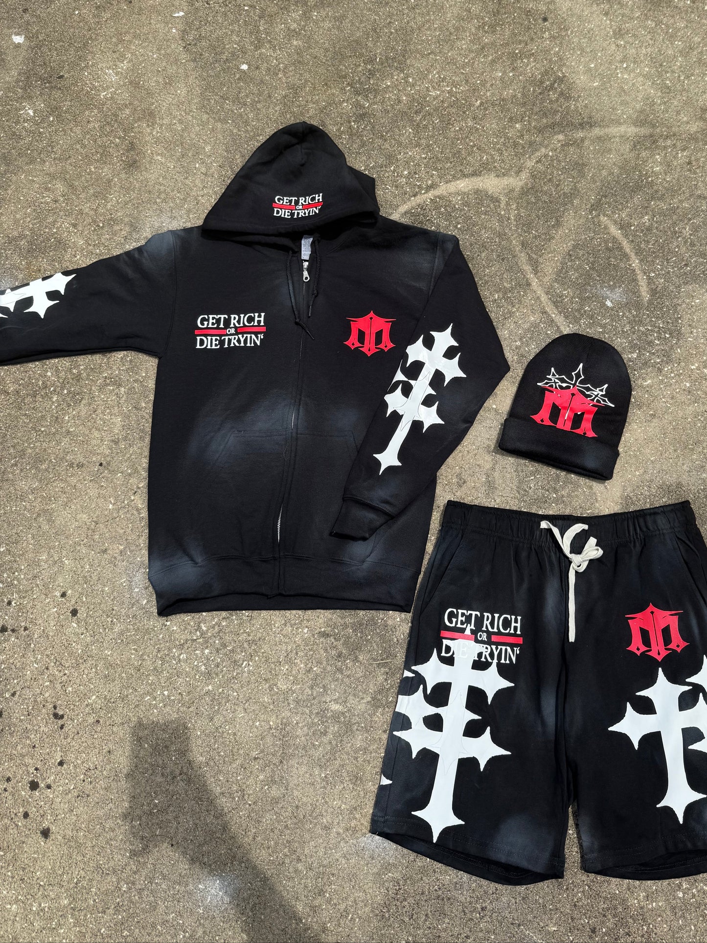 [GET RICH OR DIE TRYIN]WASHED ZIP UP HOODIE/SHORTS SET WITH BEANIE