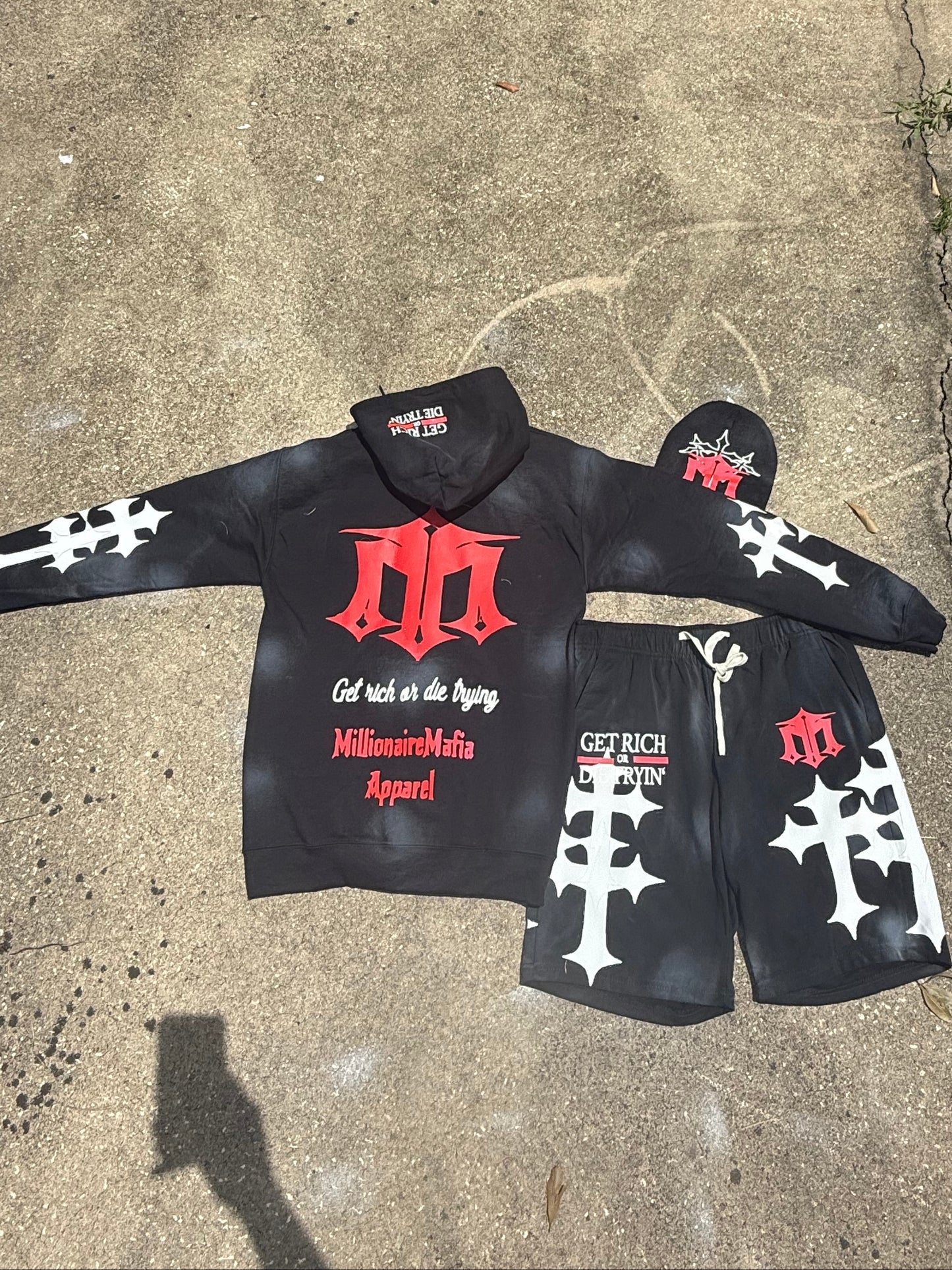 [GET RICH OR DIE TRYIN]WASHED ZIP UP HOODIE/SHORTS SET WITH BEANIE