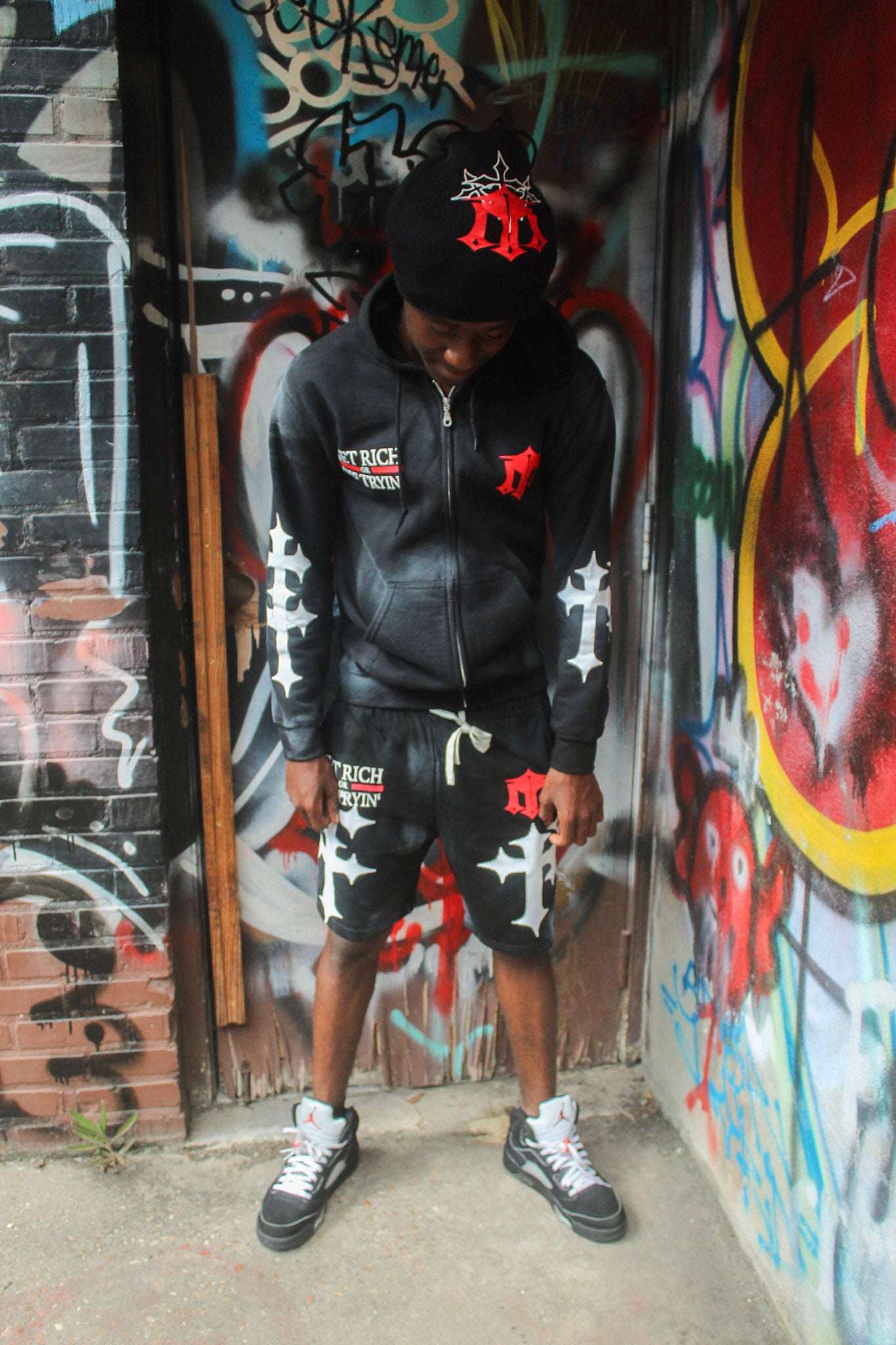 [GET RICH OR DIE TRYIN]WASHED ZIP UP HOODIE/SHORTS SET WITH BEANIE