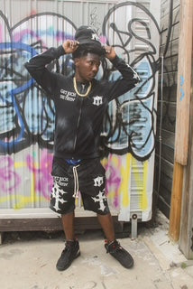 [GET RICH OR DIE TRYIN]WASHED ZIP UP HOODIE/SHORTS SET WITH BEANIE